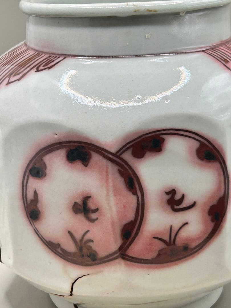 白磁辰砂鳥文面取壺　壺　アンティーク　李朝