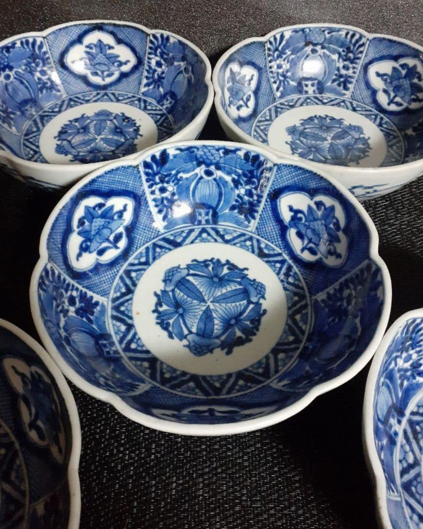 【最上作品❗️】江戸時代中期　元禄～享保　藍柿右衛門　染付　花の図　輪花皿　5客