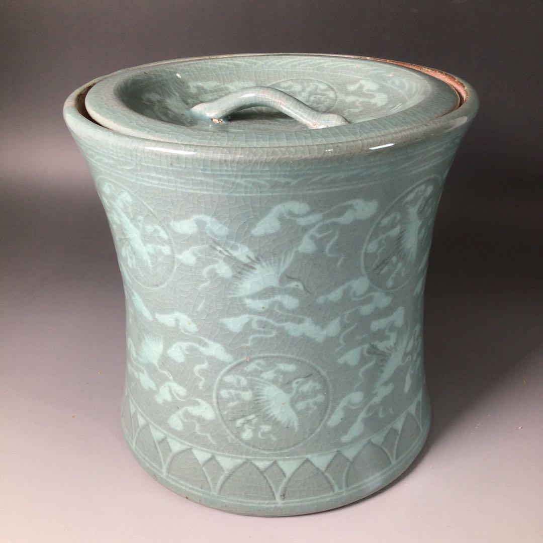 Ｒ９４１　皆具　『李貞夏造』『象嵌雲鶴文』『高麗青磁皆具』　共箱　茶道具