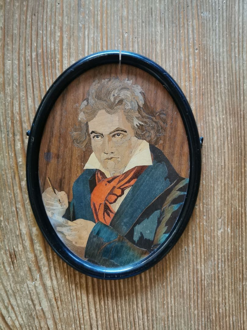 アンティークドイツ ベートーヴェン 象嵌肖像画 マホガニー ブラックフレーム
