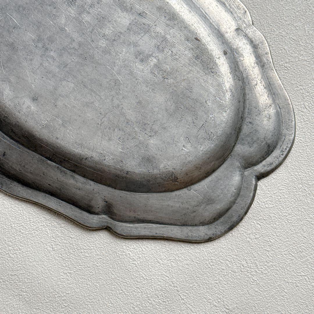 フランス アンティーク ピューター 花リム 大判 オーバルプレート 36cm