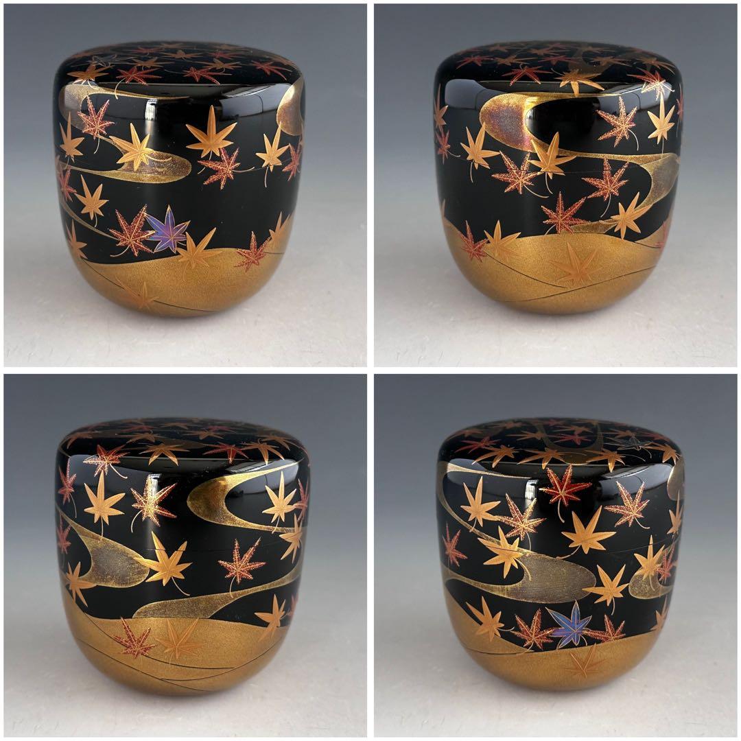 茶道具　竜田川蒔絵　内銀地　大棗　呉藤穣太郎　共箱　山中塗　漆芸　秋　紅葉　茶会