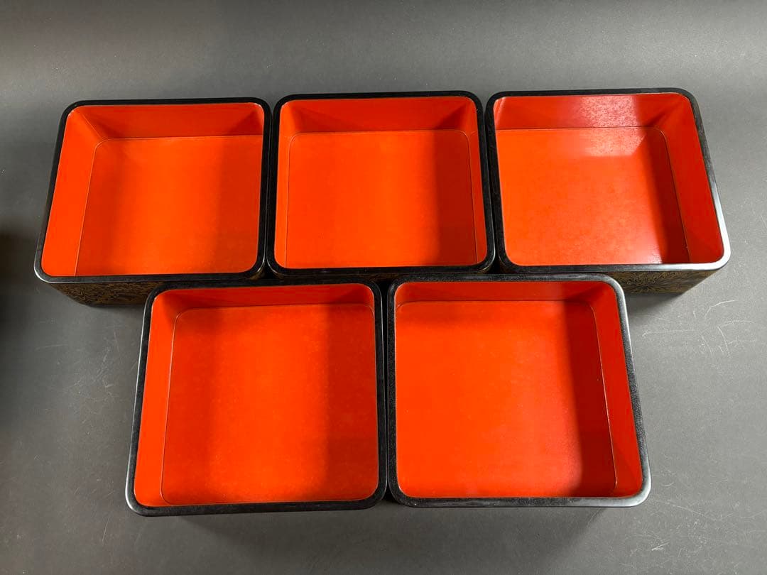 セール　輪島塗　重箱　菊　総沈金五段　5段　お正月　能登　共箱　重台