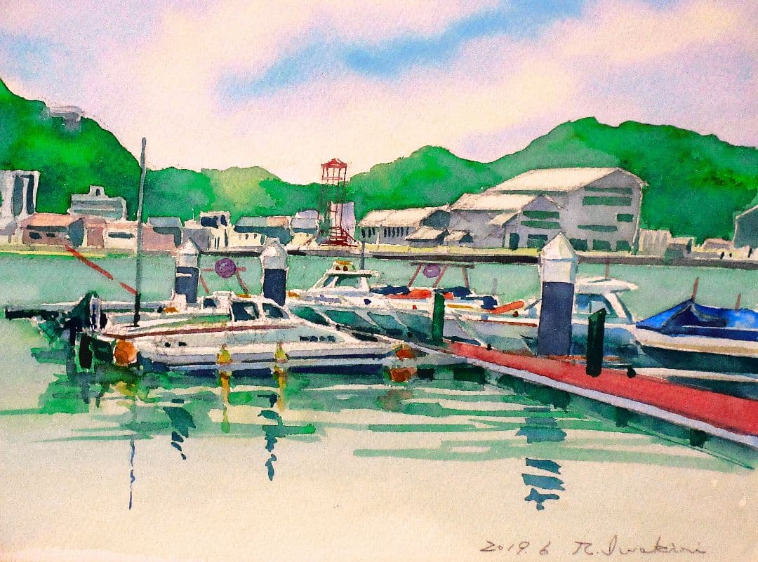 水彩画 港の風景 原画 額縁付き F6サイズ