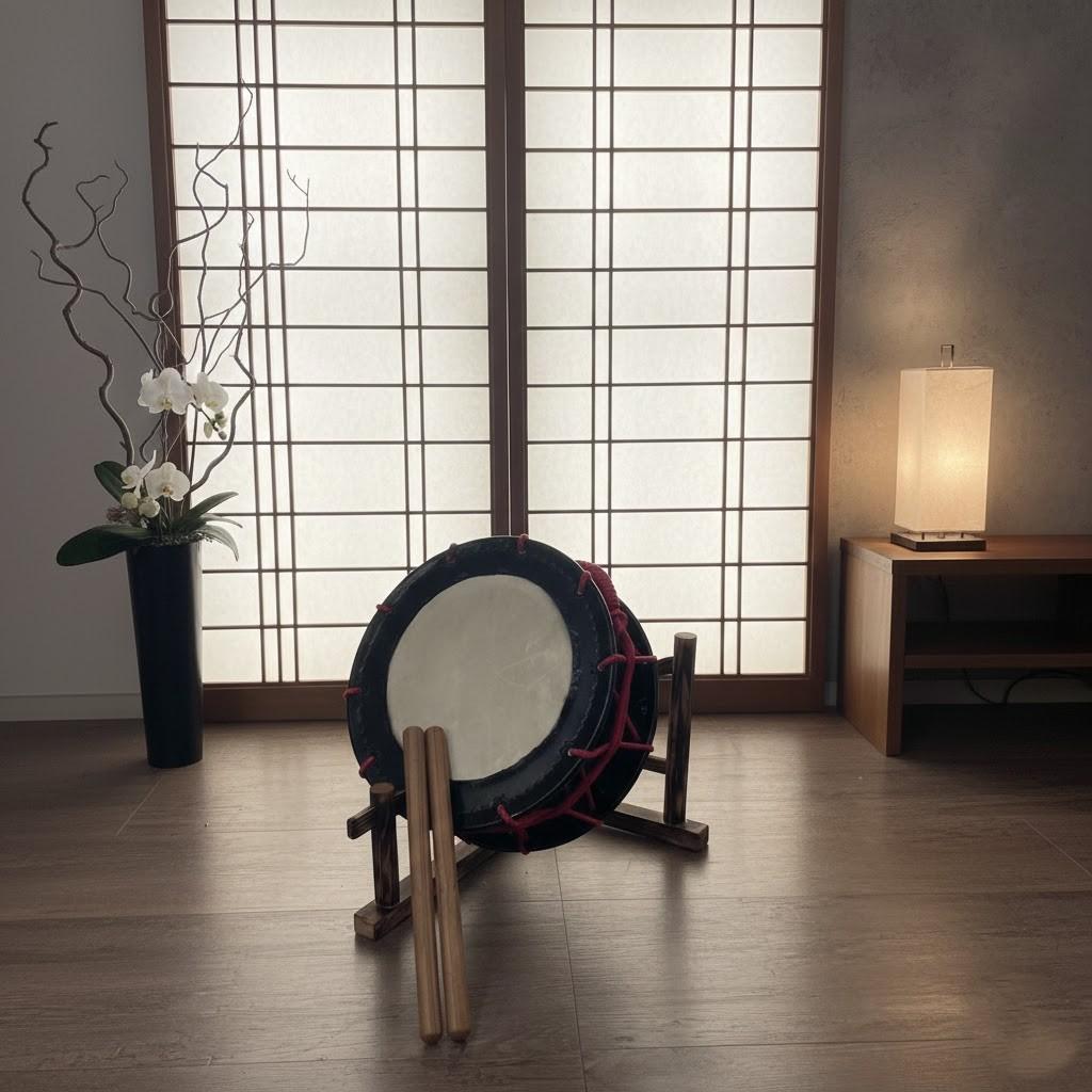 フォロー割【蔵出し】締め太鼓 牛革 和太鼓 バチ付 台付 平太鼓 入門用