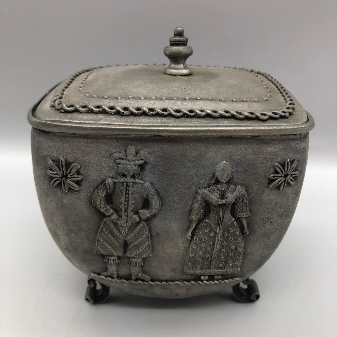 アンティークAntik SKS Zinnドイツ製すず錫ピューター蓋付き小物入れ