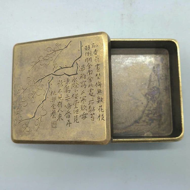 銅製 梅花墨盒 書道墨盒 印泥盒 香盒工芸品 美術品 置物