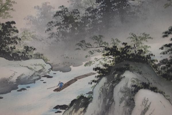 真作/川崎求可/渓流/山水筏下り図/桐共箱付/布袋屋掛軸A-847