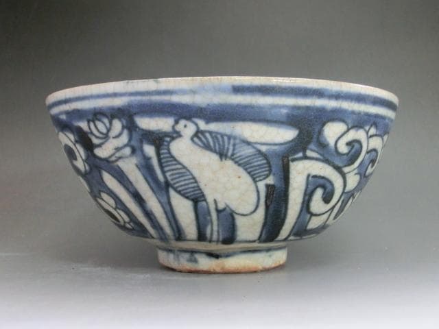 茶碗■鉢 古い染付 鷺（さぎ） 花唐草 お茶道具 菓子器 古玩 時代物 骨董品■