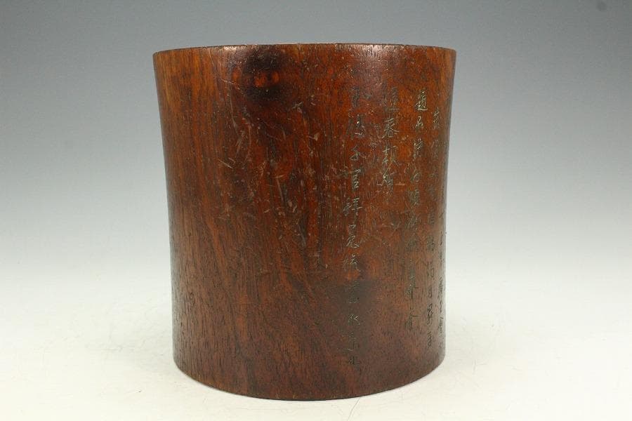 中国美術 木彫 刻文字 筆筒 文房具(K-A829)