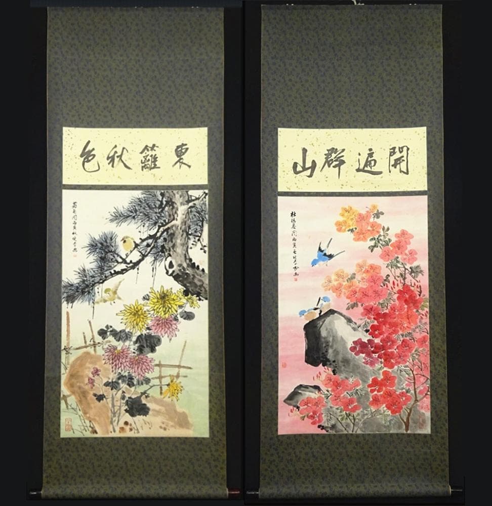 掛軸 2本セット 胡健華『花鳥図』中国画 紙本 肉筆 掛け軸