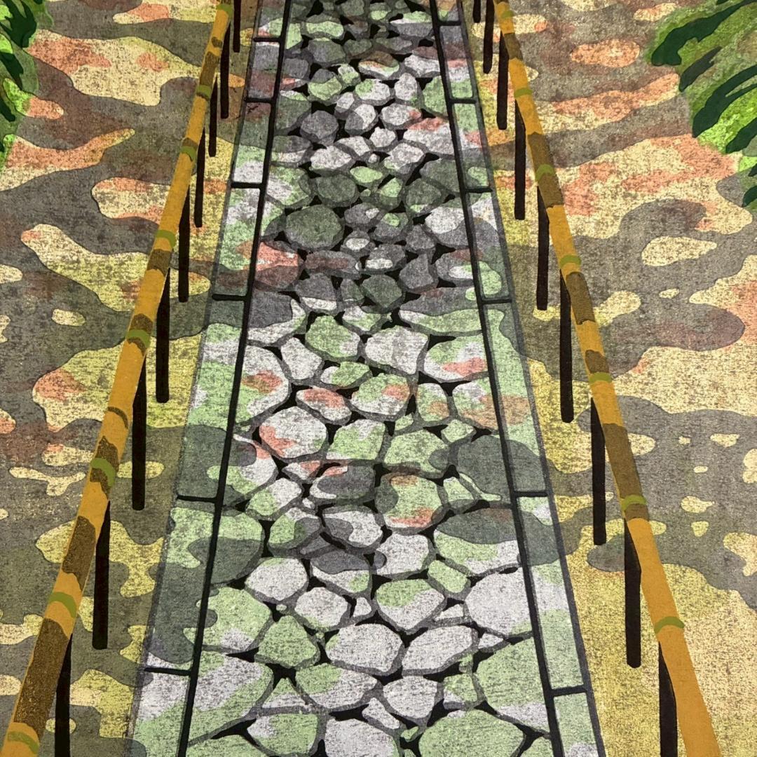 井堂雅夫「高桐院参道」木版画 直筆サイン入り 1996年 額縁入 京都 紅葉 秋