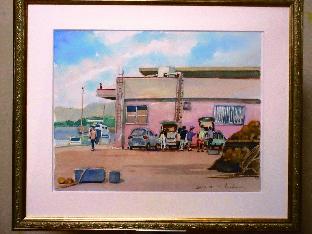 港の風景 水彩画 2023年 F6サイズ 額装済み