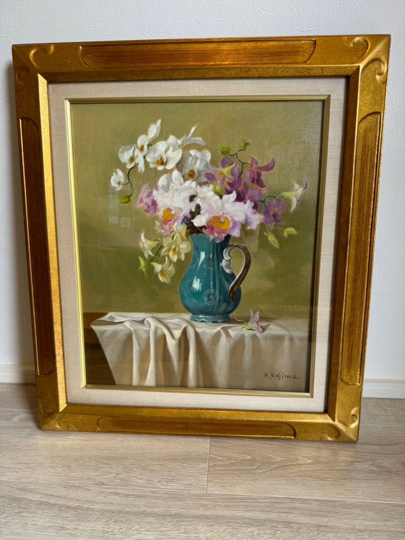 蘭　K. Kojima 油彩画 花瓶の花 金色フレーム　小島　光