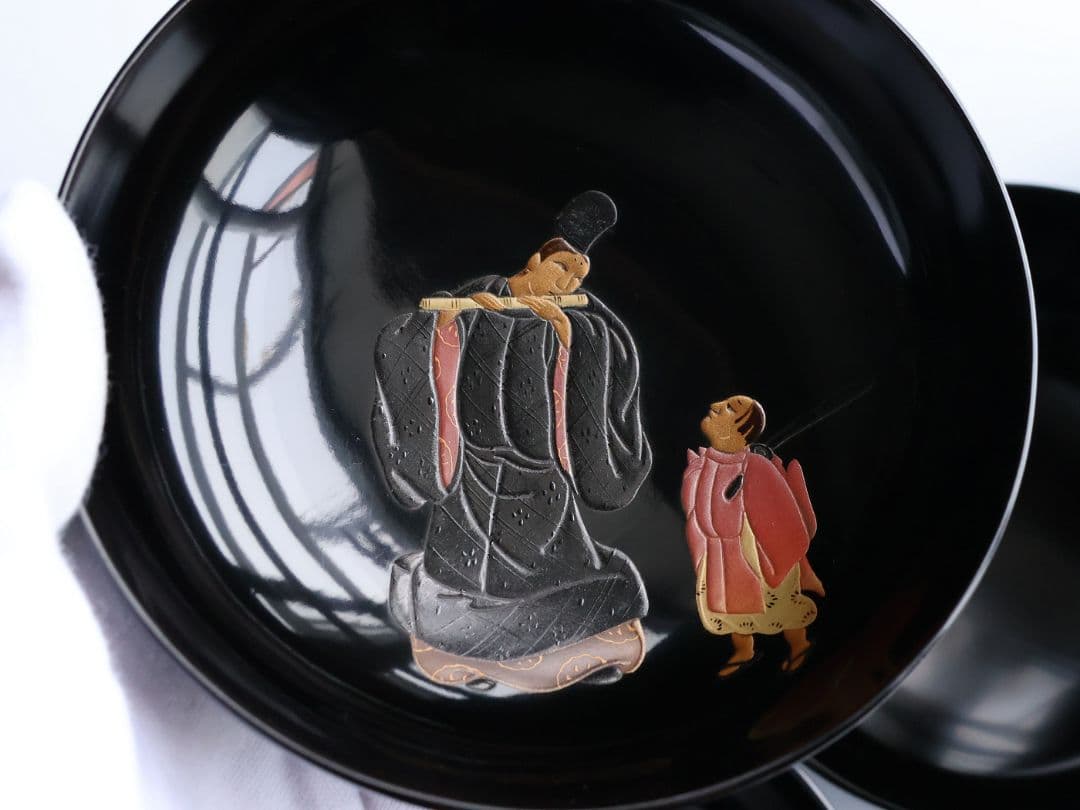 【MB197】輪島塗 天然木漆塗 黒塗椀 五客 蒔絵 大和絵 源氏絵 人物 昭和