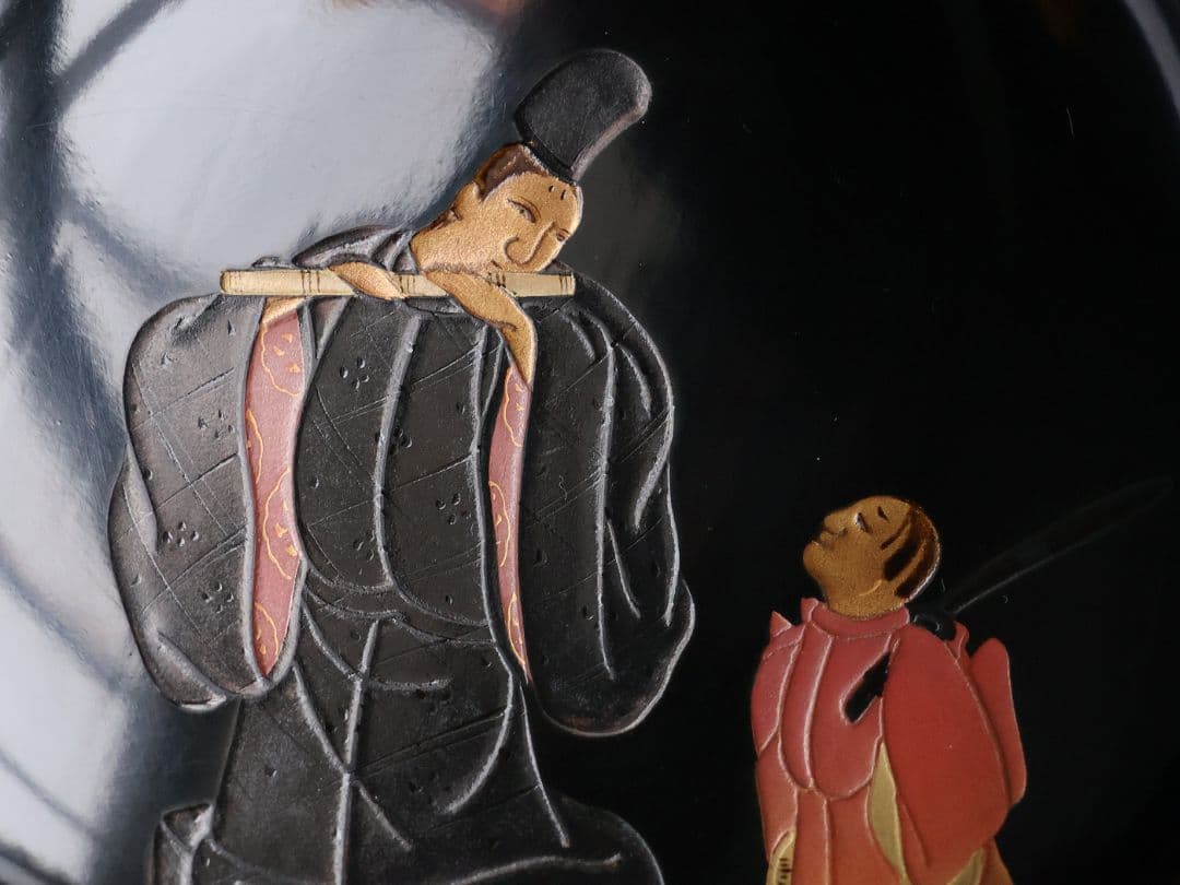 【MB197】輪島塗 天然木漆塗 黒塗椀 五客 蒔絵 大和絵 源氏絵 人物 昭和