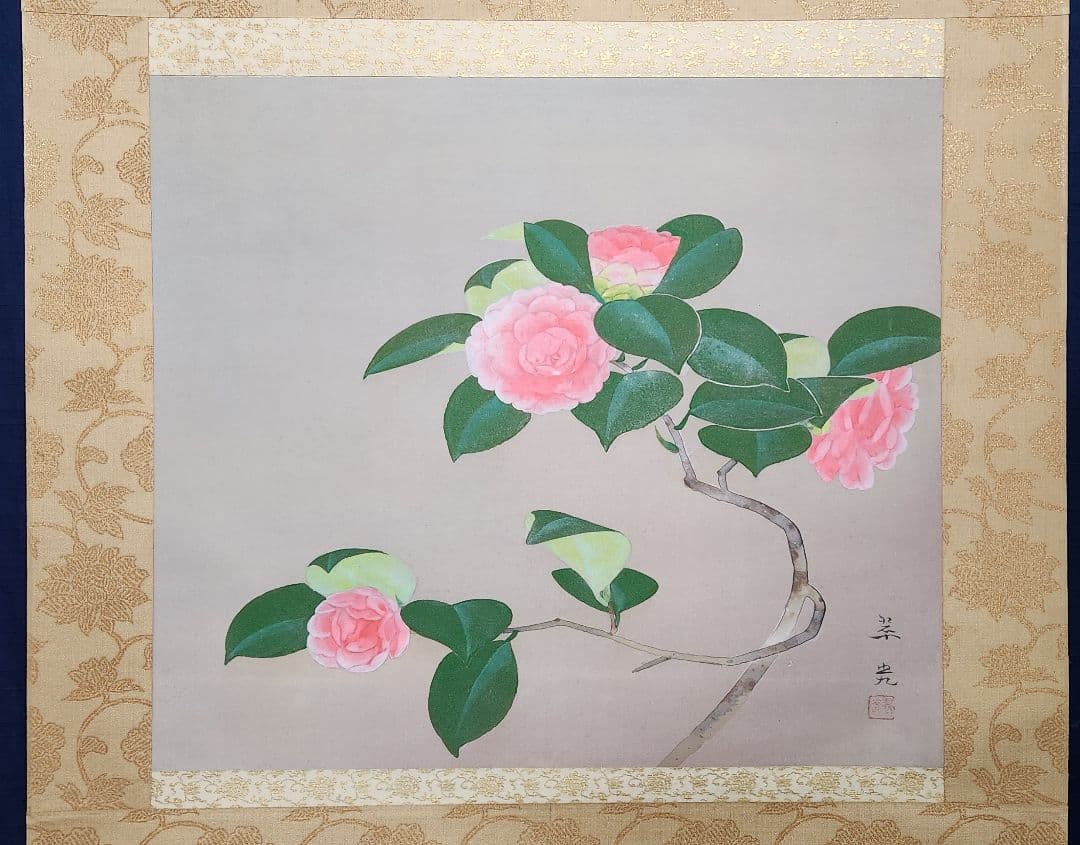 【乙女椿図】福田翠光 2678 共箱二重箱太巻 掛け軸 肉筆