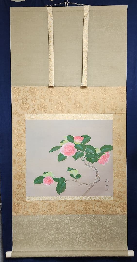 【乙女椿図】福田翠光 2678 共箱二重箱太巻 掛け軸 肉筆