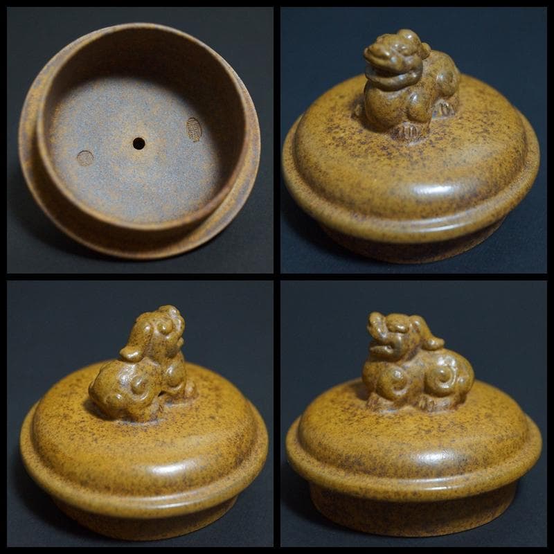 中国宜興紫砂 陸建平造 紫砂細工急須 浮き彫り『四神文』造形紫砂壺 獅子摘