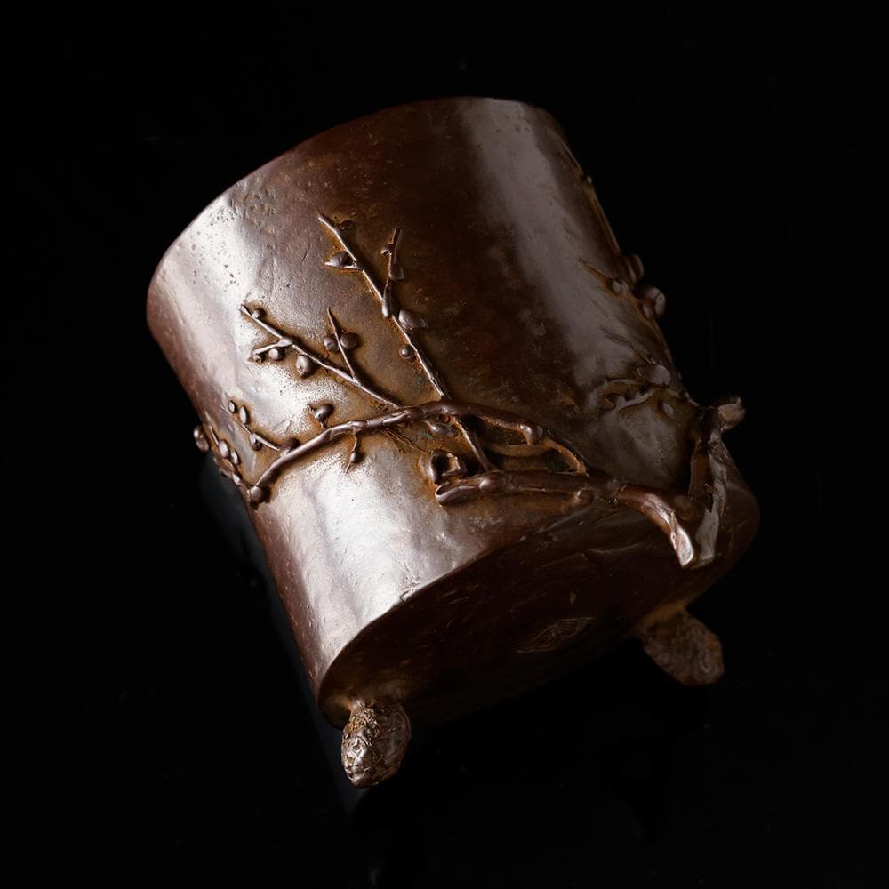 三好外栄 号 三治 蝋型鋳銅 香炉 梅花彫 透かし蓋 三つ足香炉 共箱 共布 栞