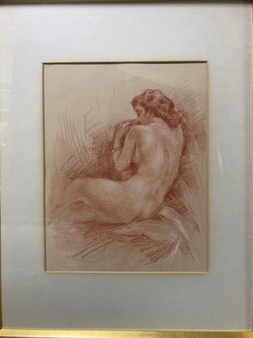 パステル デッサン裸婦人物画【Y Diey】 フランス ビンテージ 1973年作