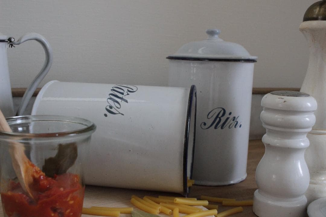 フランスアンティーク・ペアのエナメルキャニスター/パスタ・お米入れ