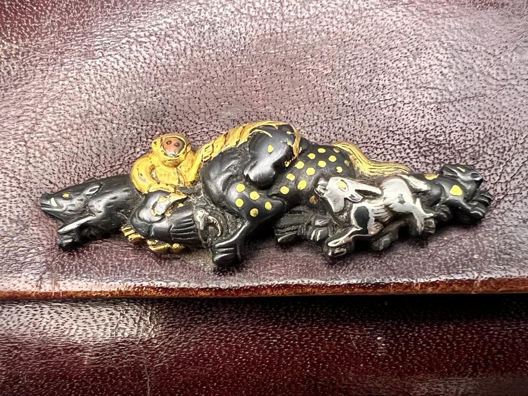 江戸明治時代　生肖図　金銀象嵌　極上骨製手彫キセル入れ　大玉根〆　銀製キセル