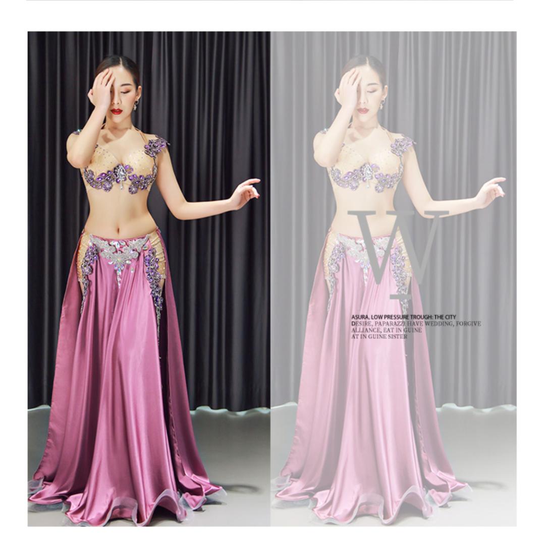 ベリーダンス衣装 ベロア調ビジュー ロングスカートピンク舞台ステージ用