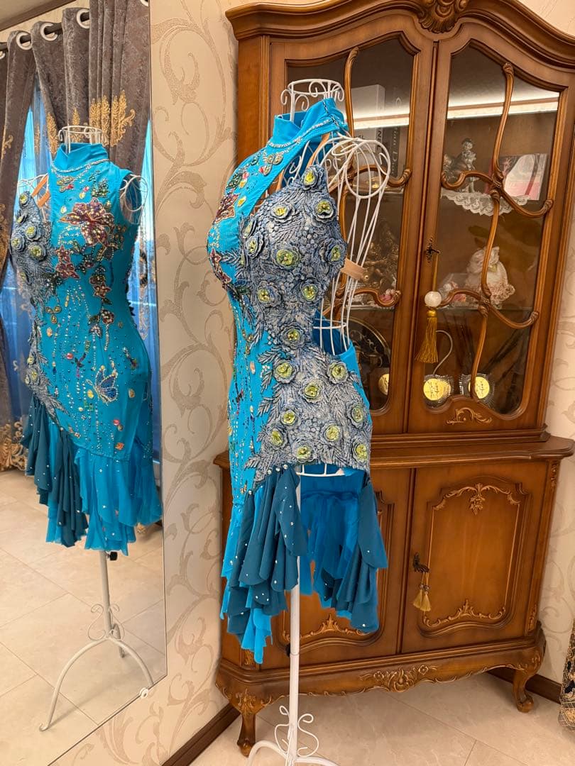 社交ダンス　ブルー　ラテン　ドレス　MＬ