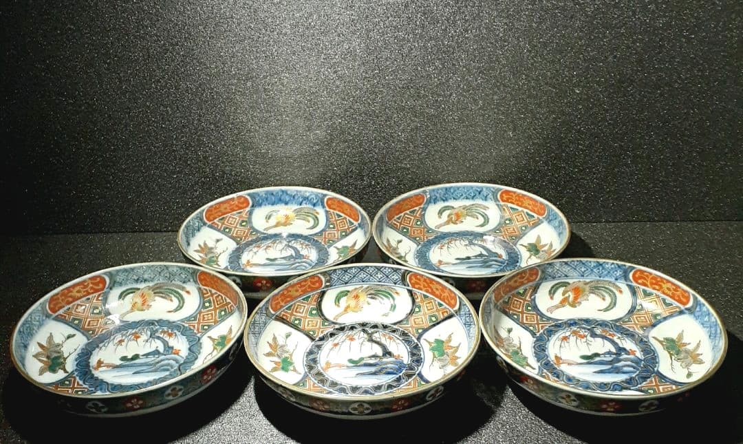 江戸時代後期　献上古伊万里　染錦　鳳凰に桐葉文様　15.4cm   深皿　5客