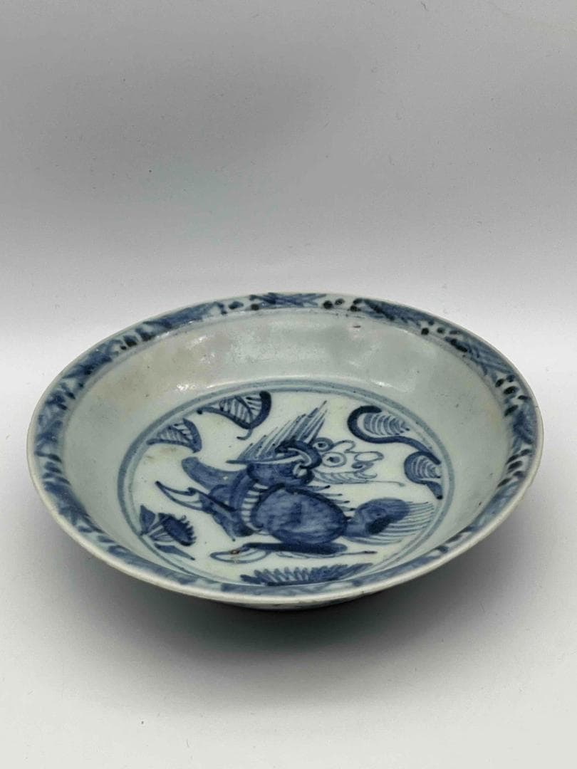 明時代　染付 青花神獣文盤　麒麟文古染付皿 唐物　古賞物　時代物(D-76)