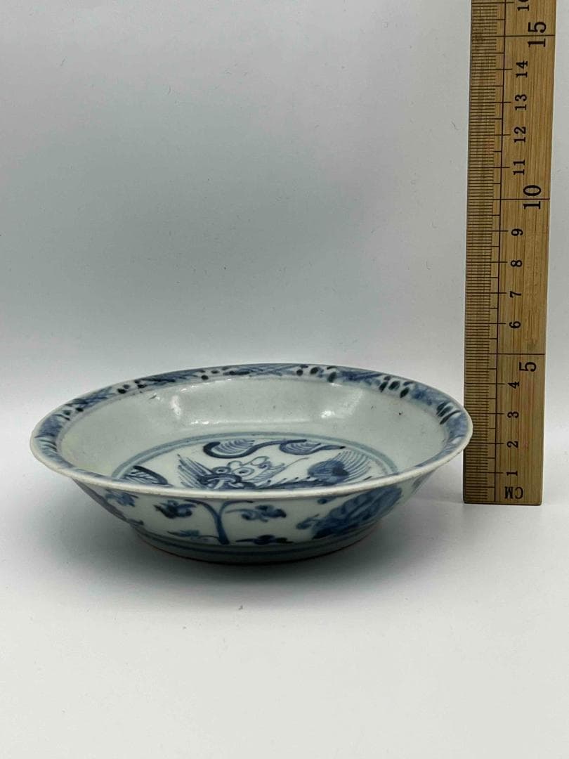 明時代　染付 青花神獣文盤　麒麟文古染付皿 唐物　古賞物　時代物(D-76)