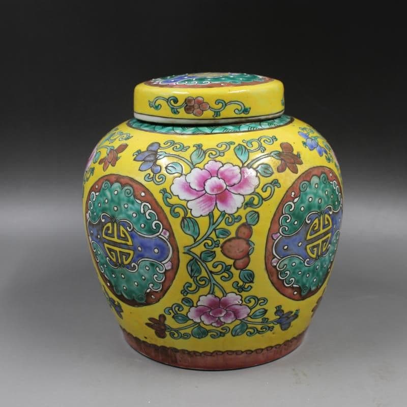 清康熙パステル彩花枝寿紋茶蓋缶 景徳鎮 陶磁器 装飾品 工芸品 美術品 置物