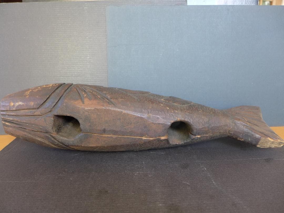 時代物　囲炉裏道具　自在鉤　一刀彫り鯉(横木)　寿・水の文字彫り　レトロ