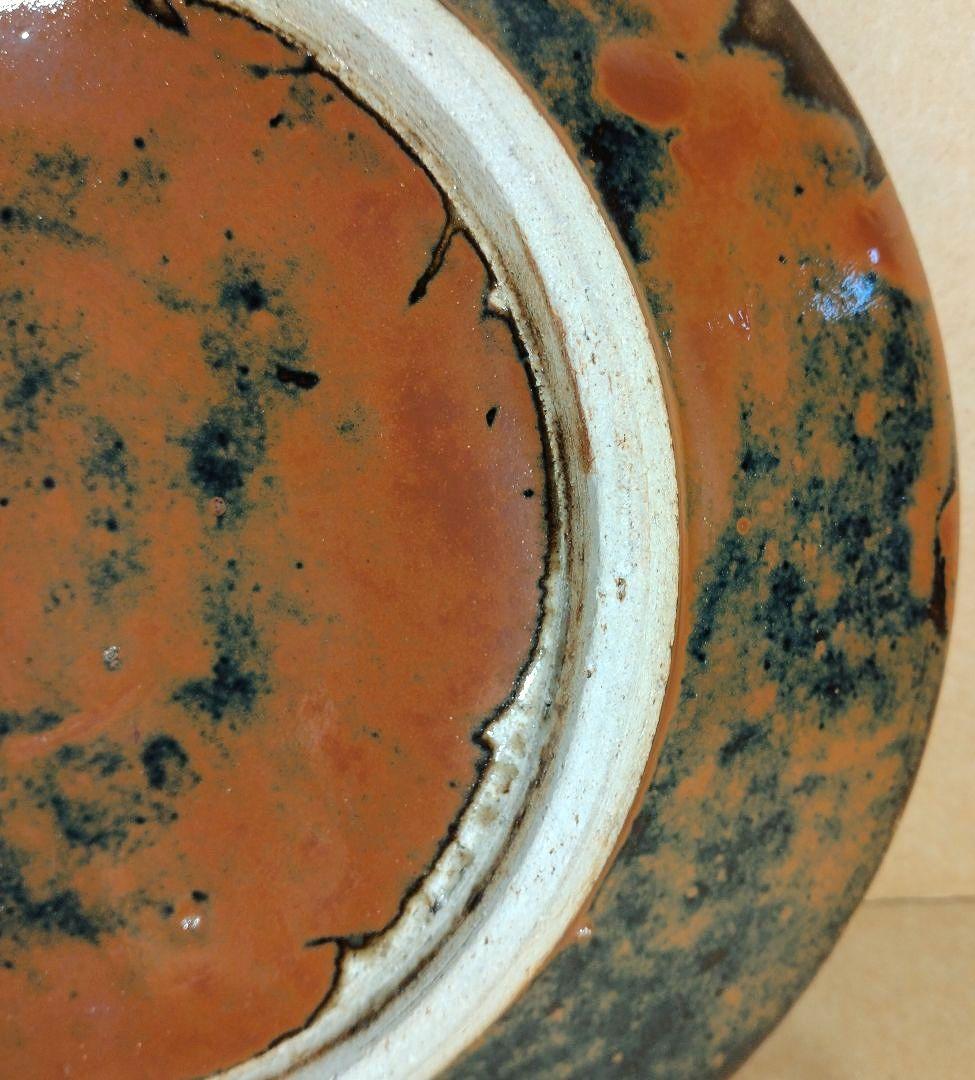 極美品 濱田庄司(浜田庄司) 鐵釉抜絵皿 共箱【本物保証】益子焼 人間国宝 民藝