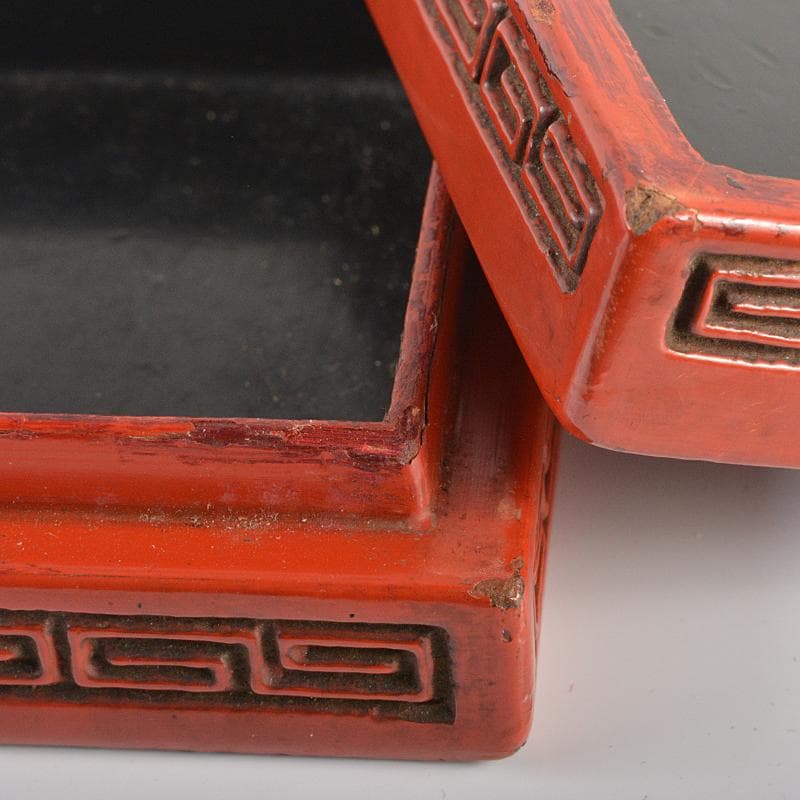 中国　剔紅　堆朱　山水文　四方香合　合わせ箱　M　R7056