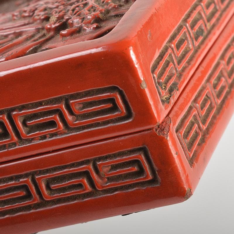 中国　剔紅　堆朱　山水文　四方香合　合わせ箱　M　R7056