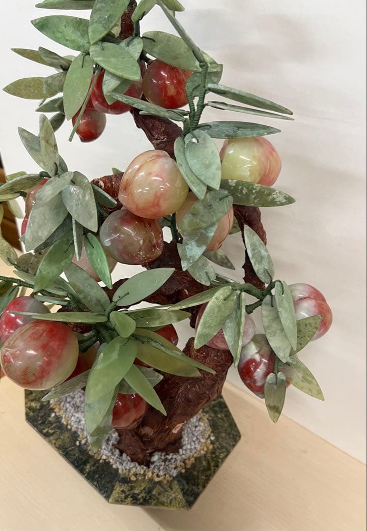 中国美術　桃樹玉石　桃木玉石盆栽　景泰藍　石細工彫刻　置物　縁起物