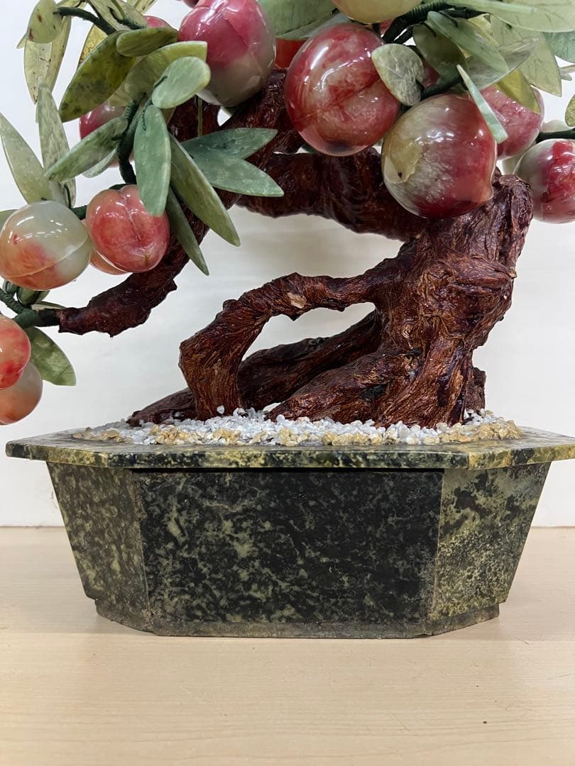 中国美術　桃樹玉石　桃木玉石盆栽　景泰藍　石細工彫刻　置物　縁起物