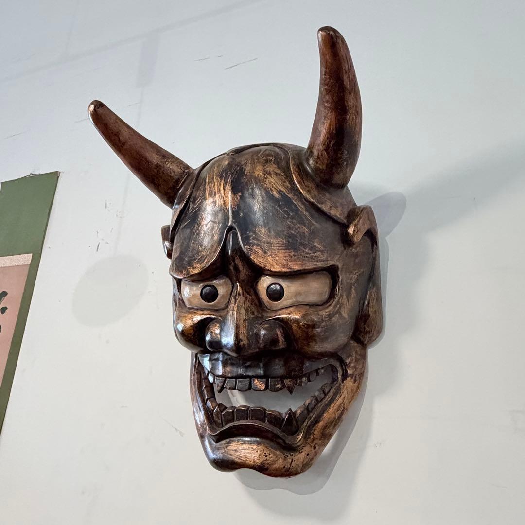 時代年代物 特大 木彫 塗金黒漆 般若 お面 壁飾り 縦約70㎝ 能面 東洋彫刻