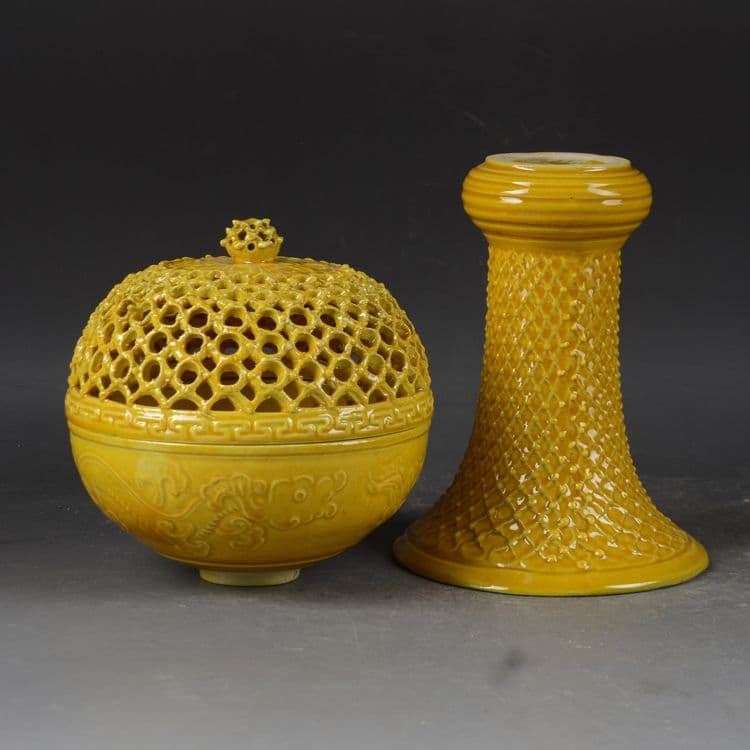 景徳鎮 高脚黄釉香炉 香道具 美術品 現代工芸品 美術品 置物