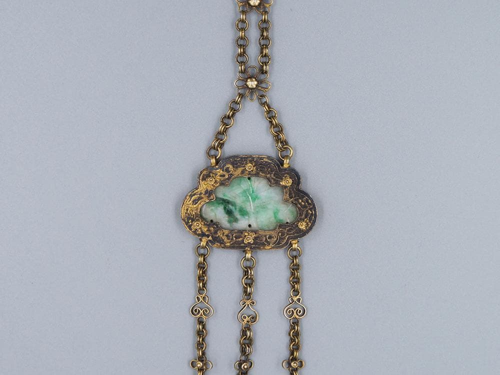 【銀】　★ 官品 銀鍍金嵌翡翠圧襟三件套 ★　清朝期　花卉 累糸文様　雅玩雑項