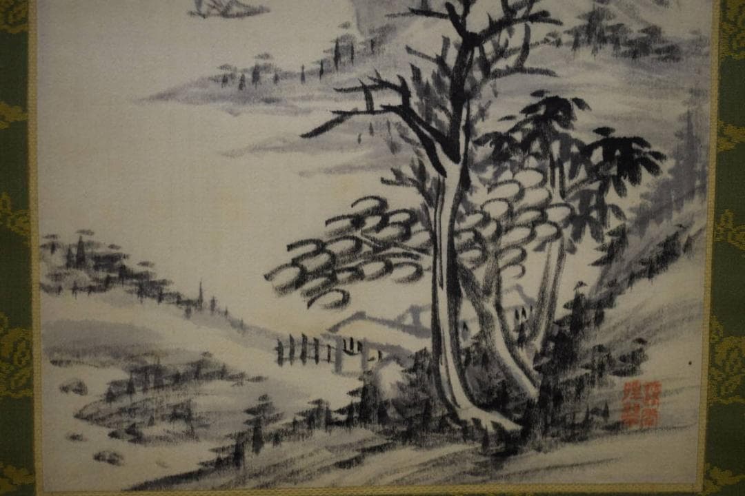 真作/名草逸峰/山水帆船画賛/軸先紫檀/桐極箱付/布袋屋掛軸HH-822