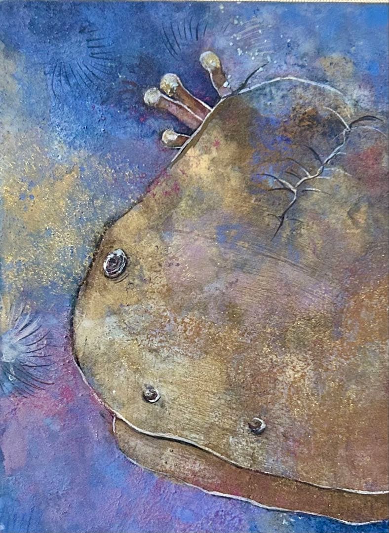 真作 波賀野文子先生 「冬うらら」 オオサンショウウオの水彩画 木製額アクリル板