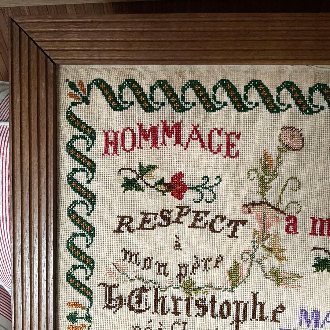 刺繍 フランス アンティーク サンプラー フレーム 1915年 額装 傷みあり