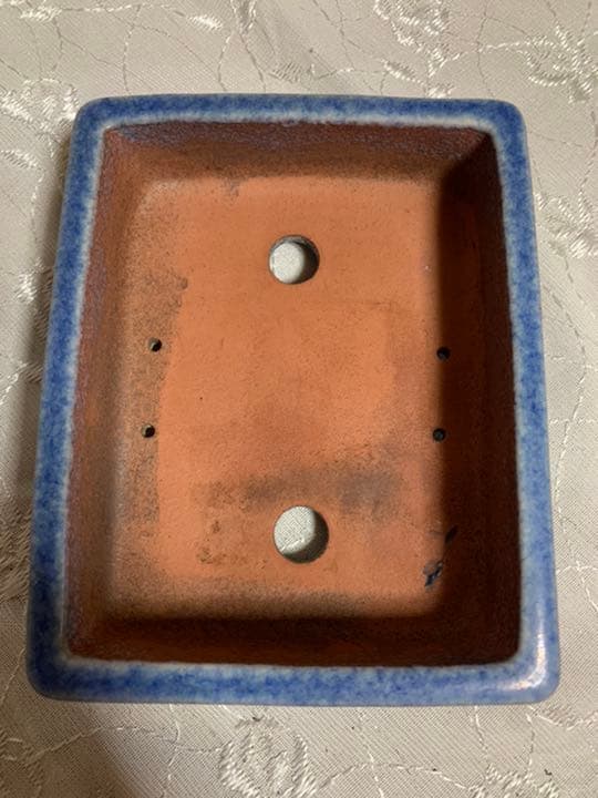 落款有り　長方　青　盆栽鉢