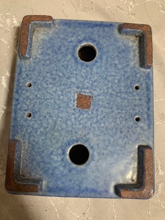 落款有り　長方　青　盆栽鉢