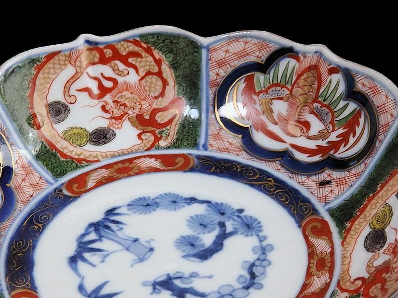 大聖寺伊万里　金襴手　団龍紋に鳳凰の図　膾皿　N514AS-CVq