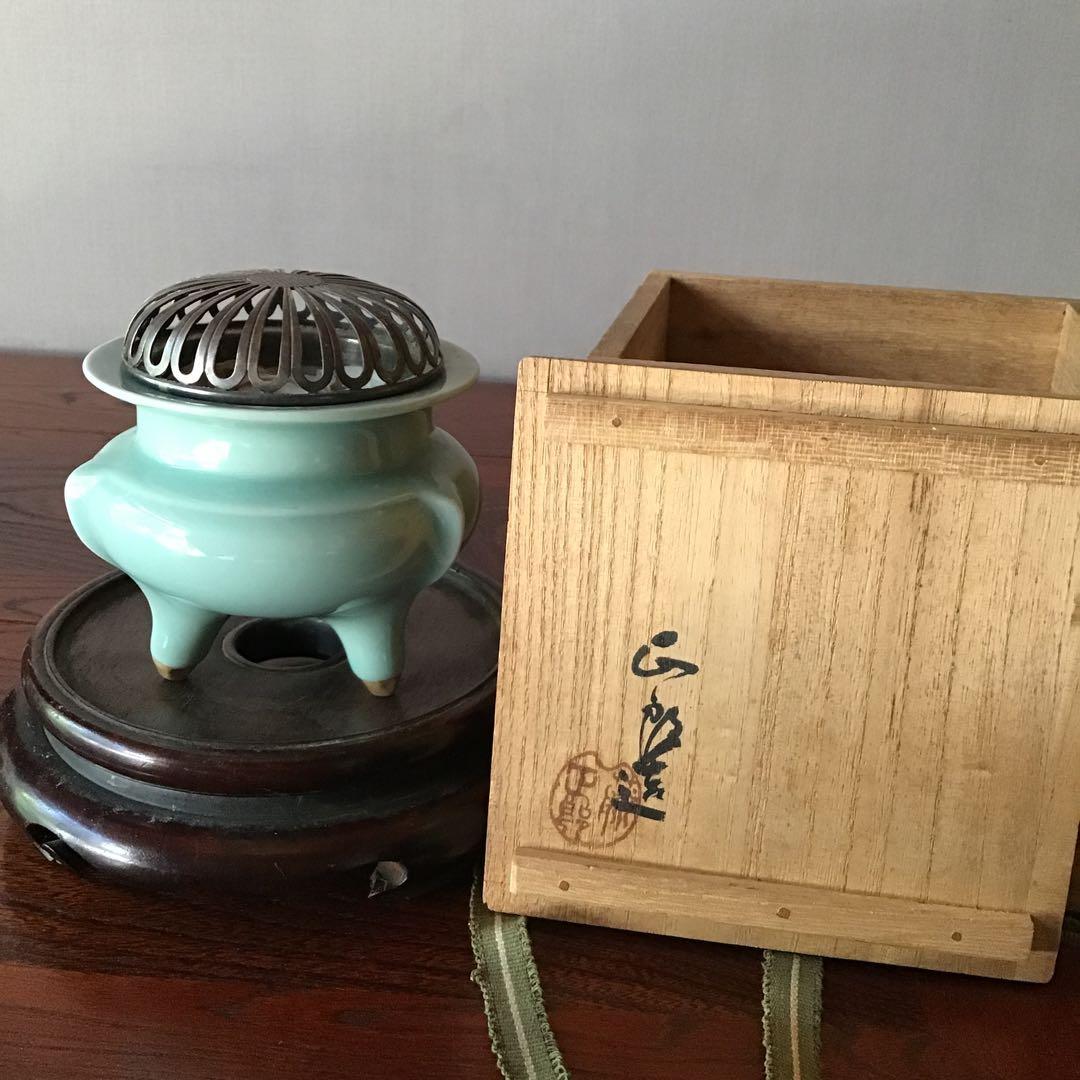 青磁三足純銀火屋　香炉　在銘共箱