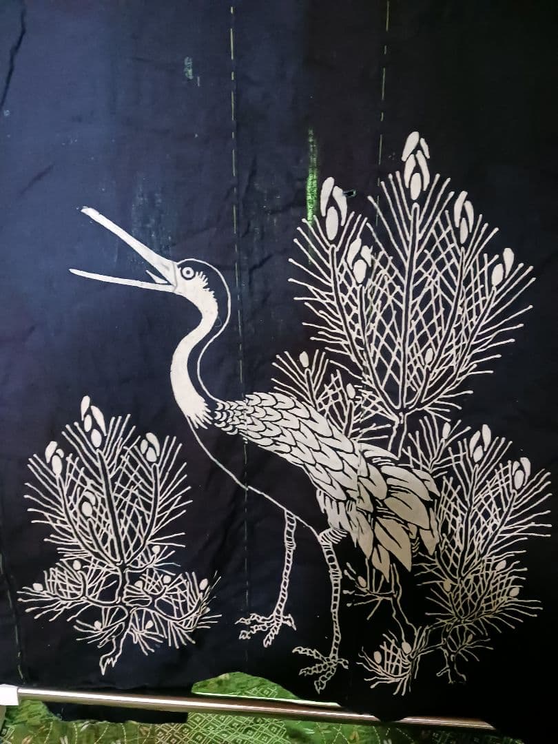 古布　夜着　綿　藍染　筒描き　家紋　鶴松　一枚